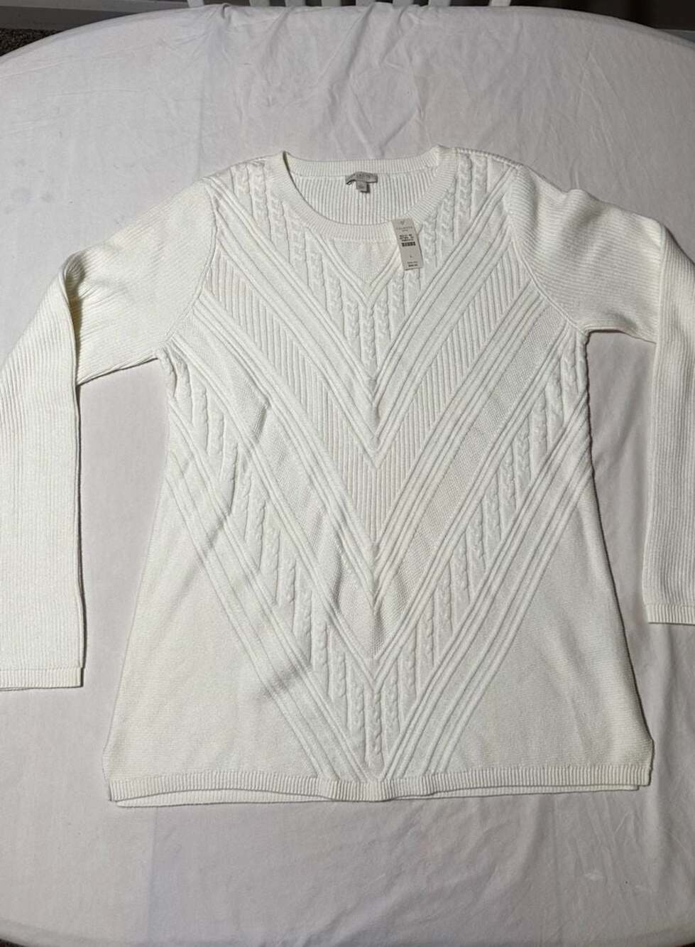 Talbots White Cable Knit Chevron Pattern Sweater Size L